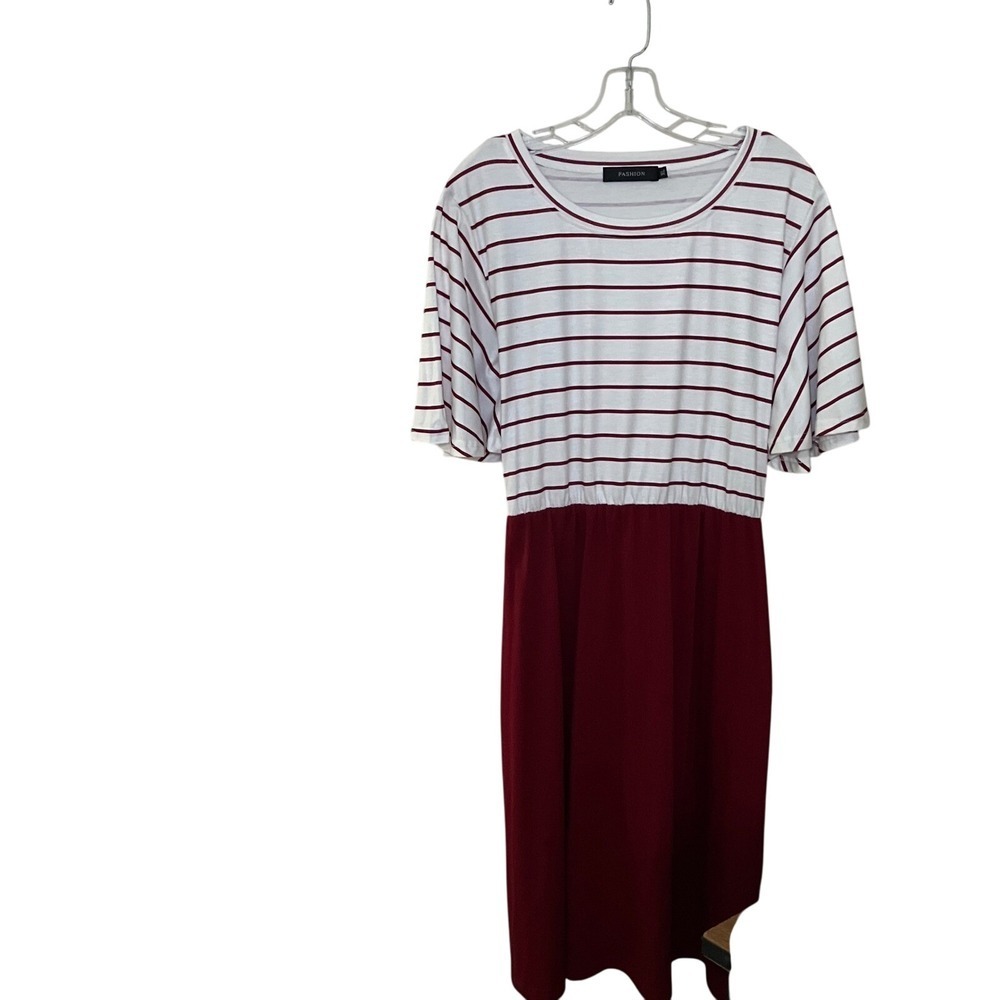 Striped Tie Back Midi Dress White & Burgundy Casual Chic XL